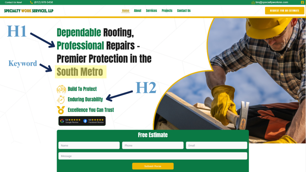 "Custom website design for SpecialtyWorkMN.com by Blueprint Pixel Solutions"