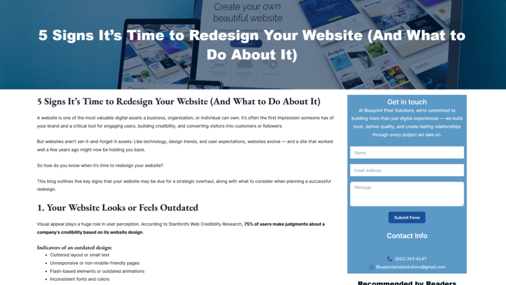 "Blog graphic for 5 signs you need a new website redesign by Blueprint Pixel Solutions"