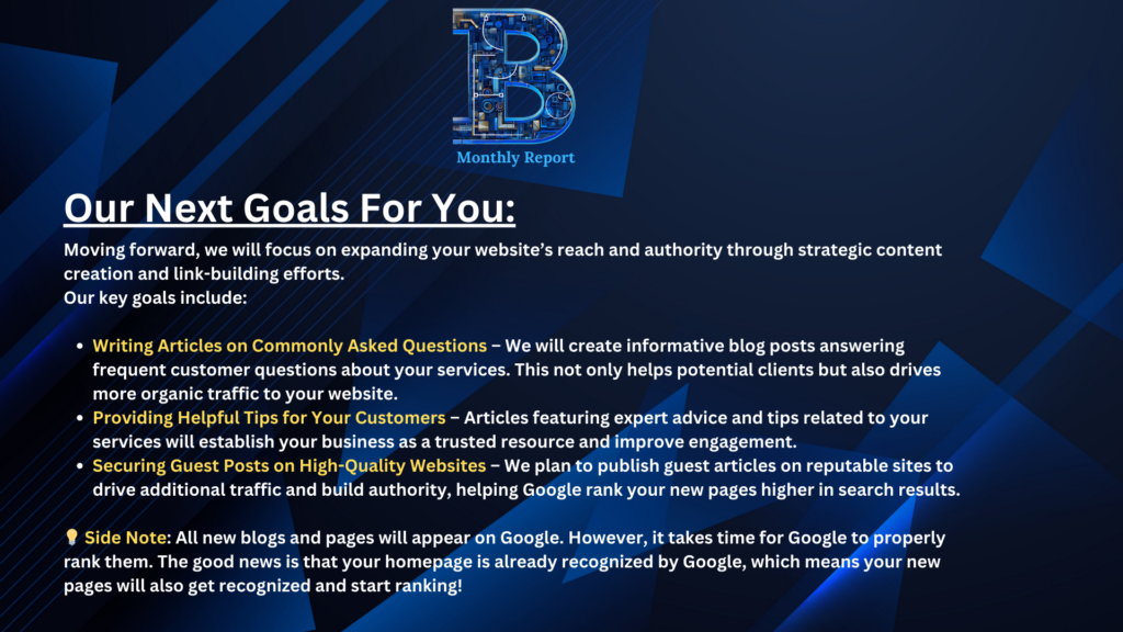 "Monthly website and SEO performance reports by Blueprint Pixel Solutions"